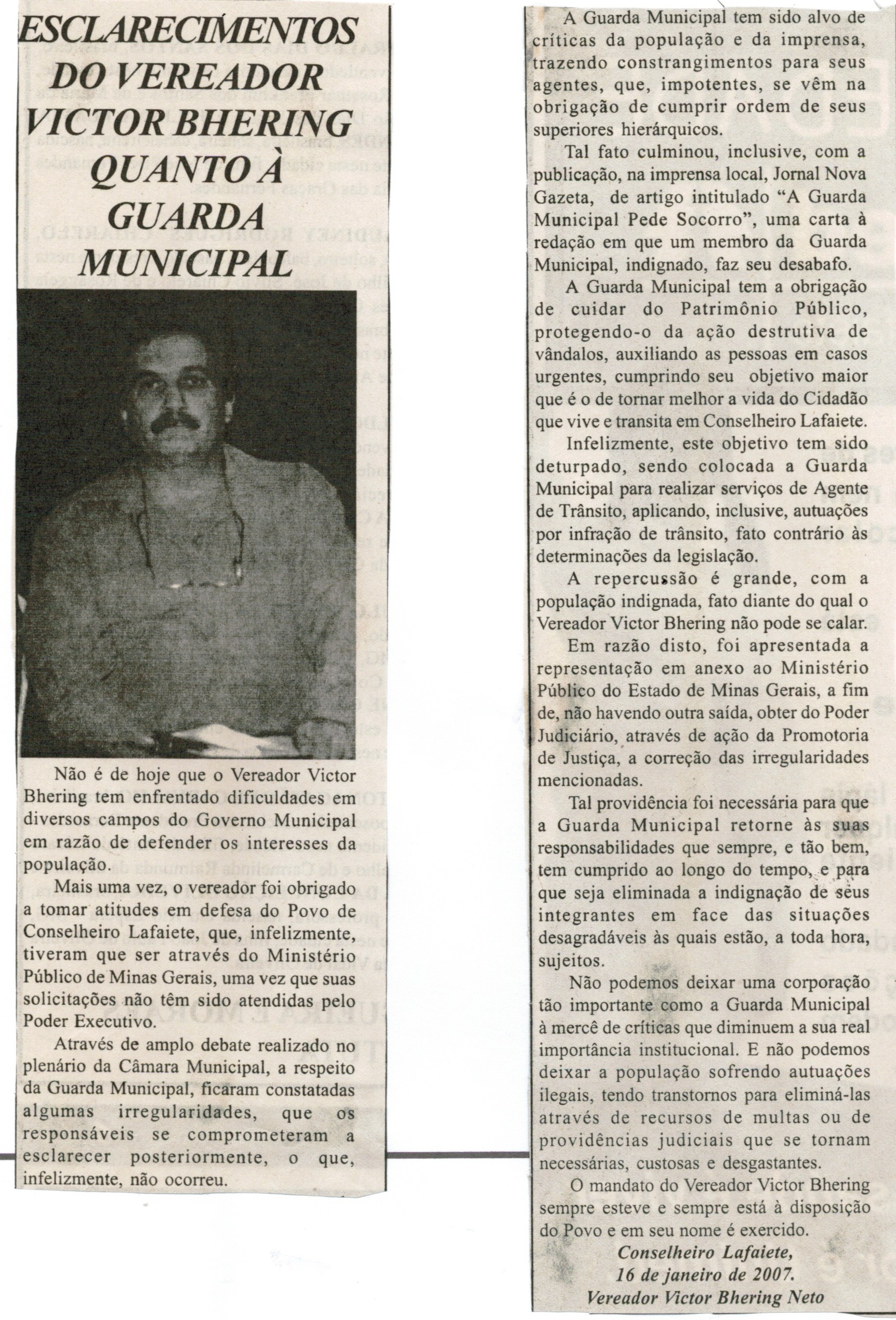  Esclarecimentos do vereador Victor Bhering quanto à Guarda Municipal. Jornal Nova Gazeta, Conselheiro Lafaiete, 20 jan. 2007, 447ª ed., p. 05