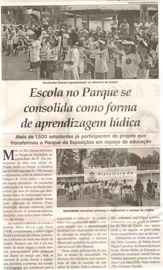 Escola no Parque de consolida como forma de aprendizagem lúdica. Jornal Correio da Cidade, Conselheiro Lafaiete, 07 out. 2017 a 13 out. 2017, 1390ª ed., Caderno Especial, p C3.