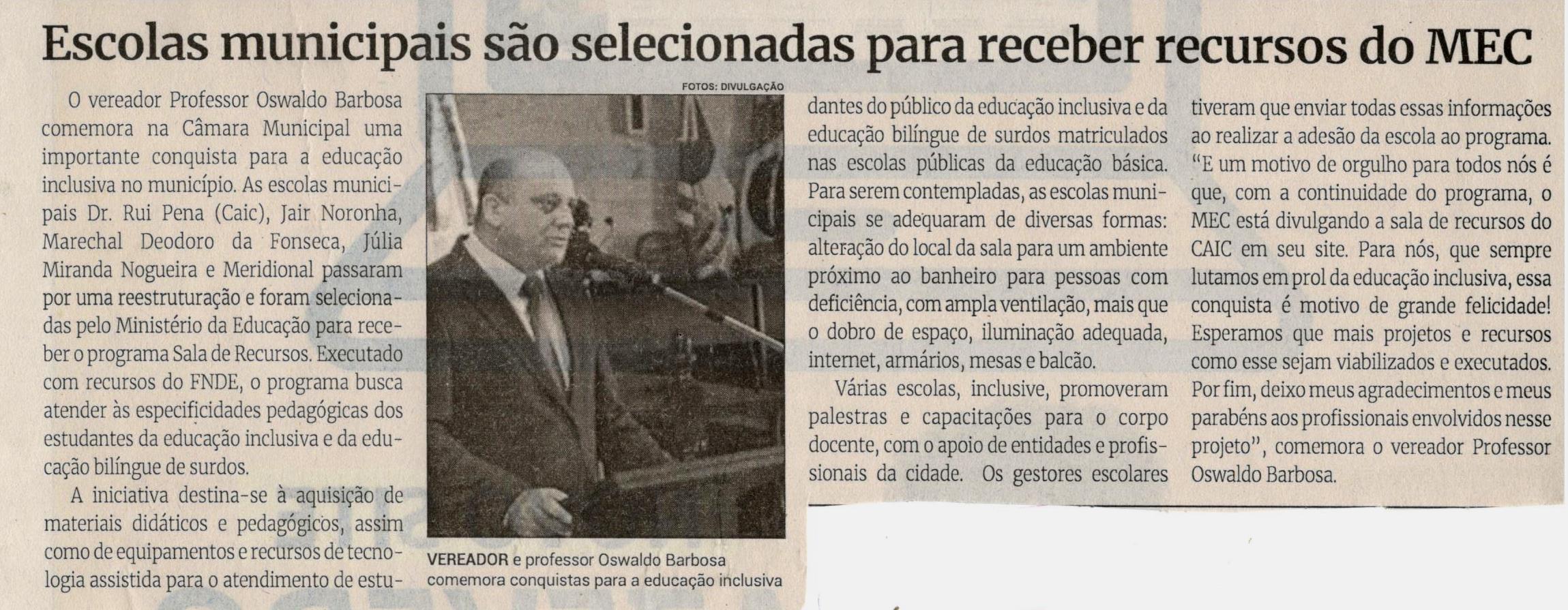 Escolas municipais são selecionadas para receber recursos do MEC. Jornal Correio, Conselheiro Lafaiete, 24 julho. 2021, 1586ª ed., Caderno política, p. 06.