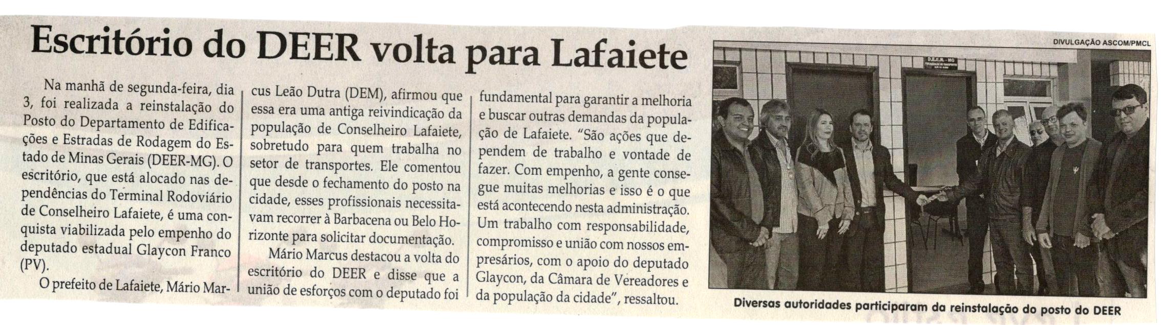 Escritório do DEER volta para Lafaiete. Jornal Correio da Cidade, Conselheiro Lafaiete, 08 jul. 2017 a 14 jul. 2017, 1377ª ed., Caderno Política,p.4