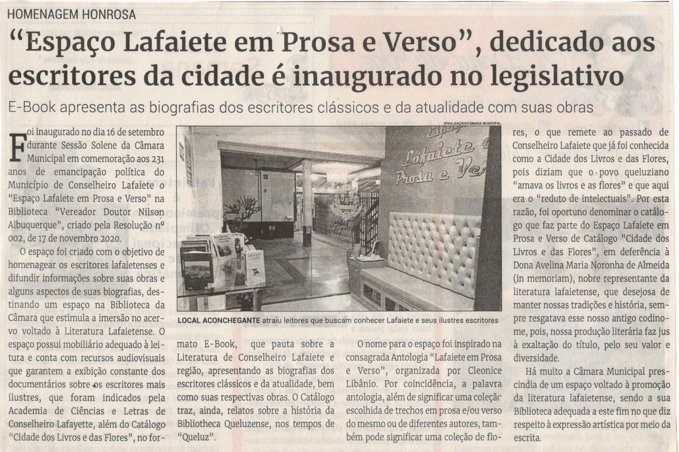 "Espaço Lafaiete em Prosa e Verso", dedicado aos escritores da cidade é inaugurado no legislativo. Jornal Correio, Conselheiro Lafaiete, 02 Outubro 2021, 1596ª ed., Caderno Cultura, p. 03.