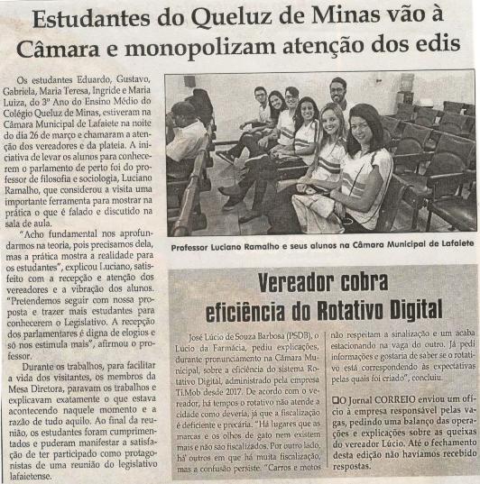 Estudantes do Queluz de Minas vão à Câmara e monopolizam atenção dos edis. Jornal Correio da Cidade, 30 mar. 2019 a 05 abr. 2019. 1467ª ed., Caderno Política, p. 6.