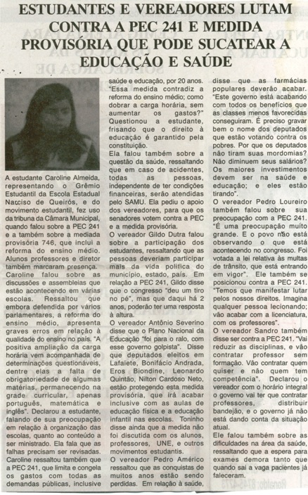 Estudantes e vereadores lutam contra a PEC 241 e medida provisória que pode sucatear a educação e saúde. Jornal Nova Gazeta, Conselheiro Lafaiete, 05 a 11 nov. 2016, 895ª ed., Ano XXX , Caderno Gerais p. 2