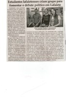 Estudantes lafaietenses criam grupo para fomentar o debate político em Lafaiete. Jornal Correio da Cidade, Conselheiro Lafaiete, 30 set. a 7 out. 2016., p. D4.