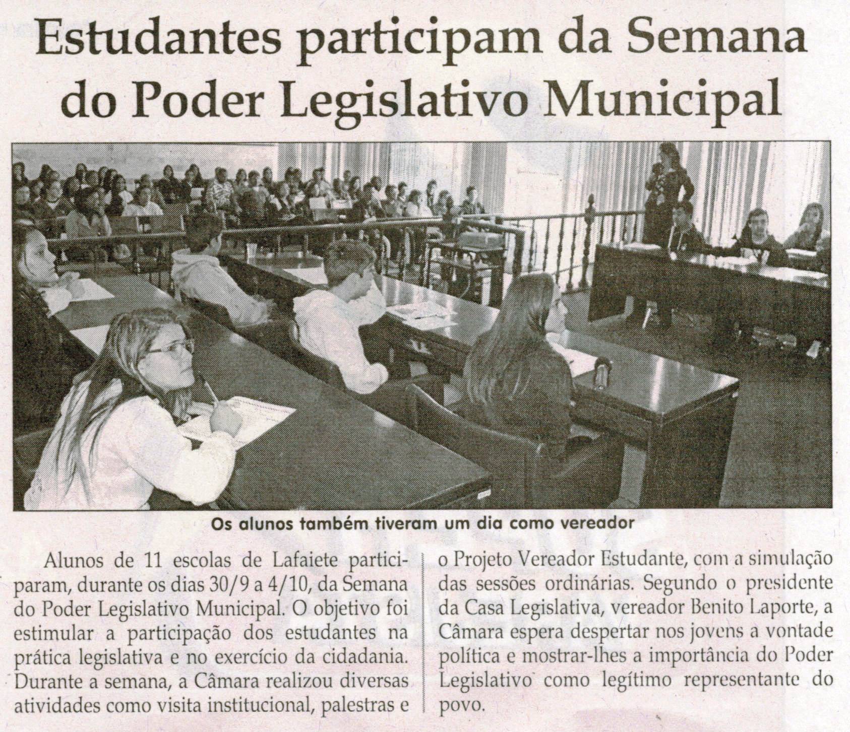 Estudantes participam da Semana do Poder Legislativo Municipal. Jornal Correio da Cidade, Conselheiro Lafaiete, 05 out. 2013, p. 06.