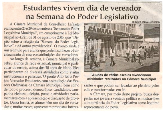 Estudantes vivem dia de vereador na Semana do Poder Legislativo. Jornal Correio da Cidade, Conselheiro Lafaiete, 30 set. 2017 a 06 out. 2017, 1389ª ed., Caderno Política, p 6.