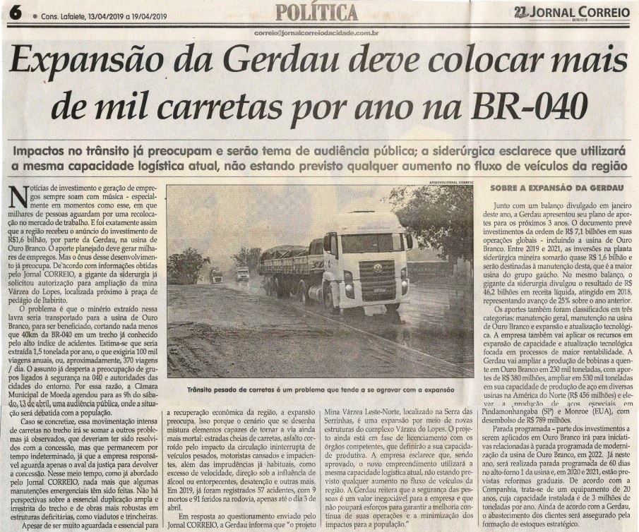 Expansão da Gerdau deve colocar mais de mil carretas por ano na BR-040. Jornal Correio da Cidade, 13 abr. 2019 a 19 abr. 2019. 1469ª ed., Caderno Política, p. 6.