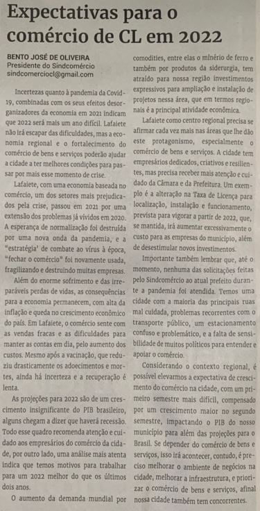 Expectativas para o comércio de CL em 2022. Jornal Correio da Cidade, Conselheiro Lafaiete, 25 de dez. de 2021, 1608ª ed., Caderno Opinião, p. 8.