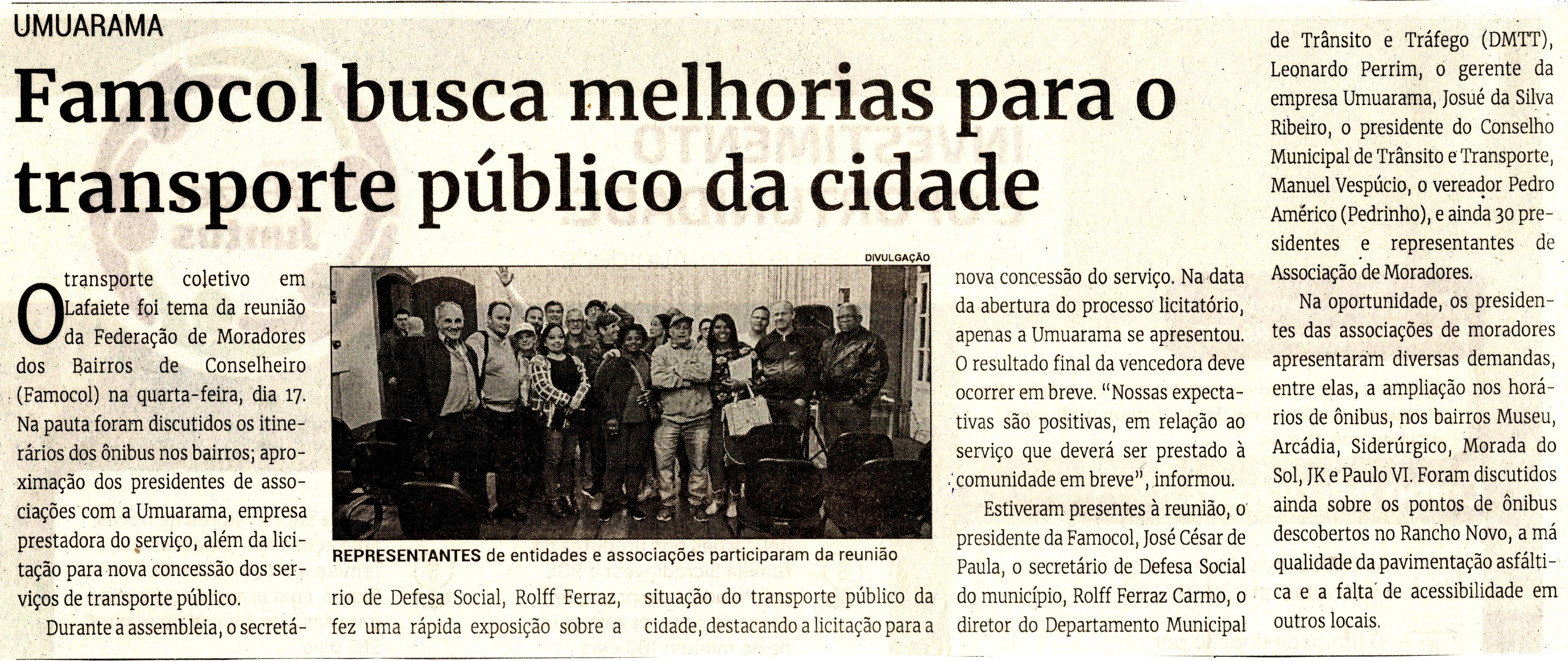 Famocol busca melhorias para o transporte público da cidade. Jornal Correio da Cidade, Conselheiro Lafaiete de 20 a 26 de mai. de 2023, 1680ª ed. Caderno Política, p. 4.