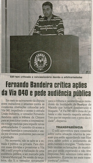 Fernando Bandeira critica ações da Via 040 e pede audiência pública. Jornal Correio da Cidade, Conselheiro Lafaiete, 07 a 13 mai. 2016, 1316ª ed.,  Caderno Política, p. 4.