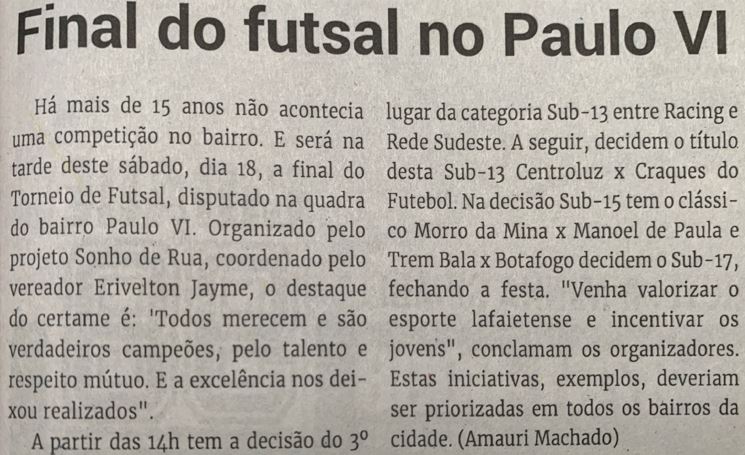 Final do futsal no Paulo VI. Jornal Correio da Cidade, Conselheiro Lafaiete, 18 de dez. de 2021, 1607ª ed., Caderno Esporte, p. 35.