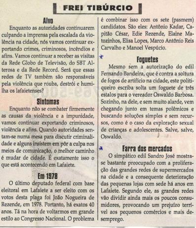 Foguetes; Farra dos mercados. Jornal Correio da Cidade, Conselheiro Lafaiete, 01 a 07 set., 1437ª ed., Caderno Opinião Frei Tibúrcio, p. 8.