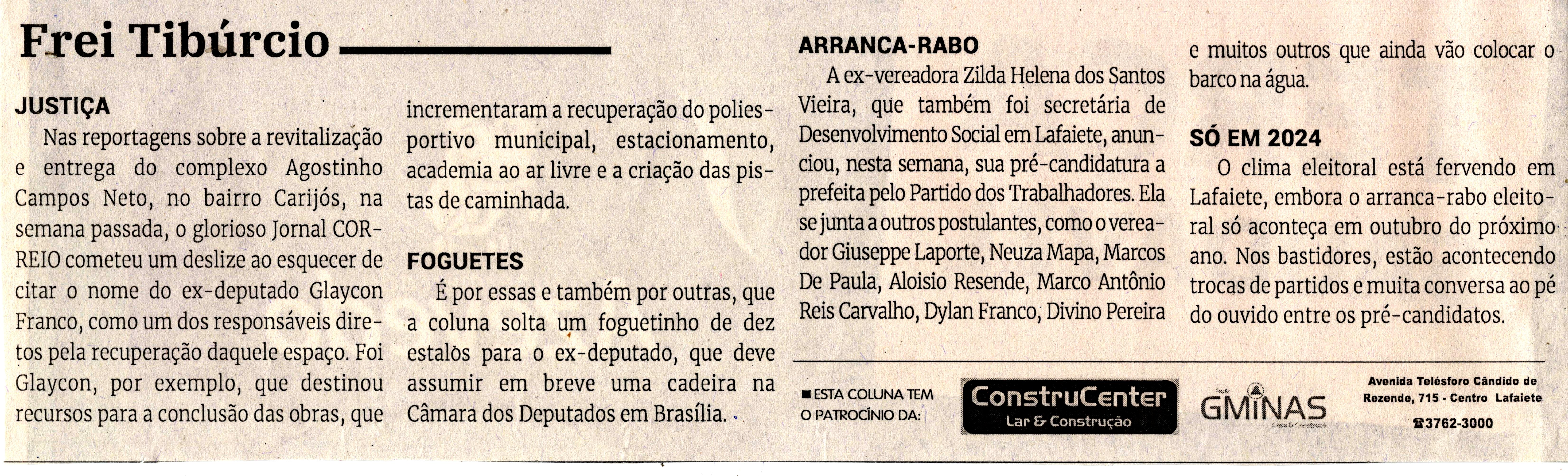 Frei Tibúrcio – Arranca-Rabo. Jornal Correio da Cidade, Conselheiro Lafaiete de 15 a 23 de jun. de 2023, 1684ª ed. Caderno Opinião, p. 6.