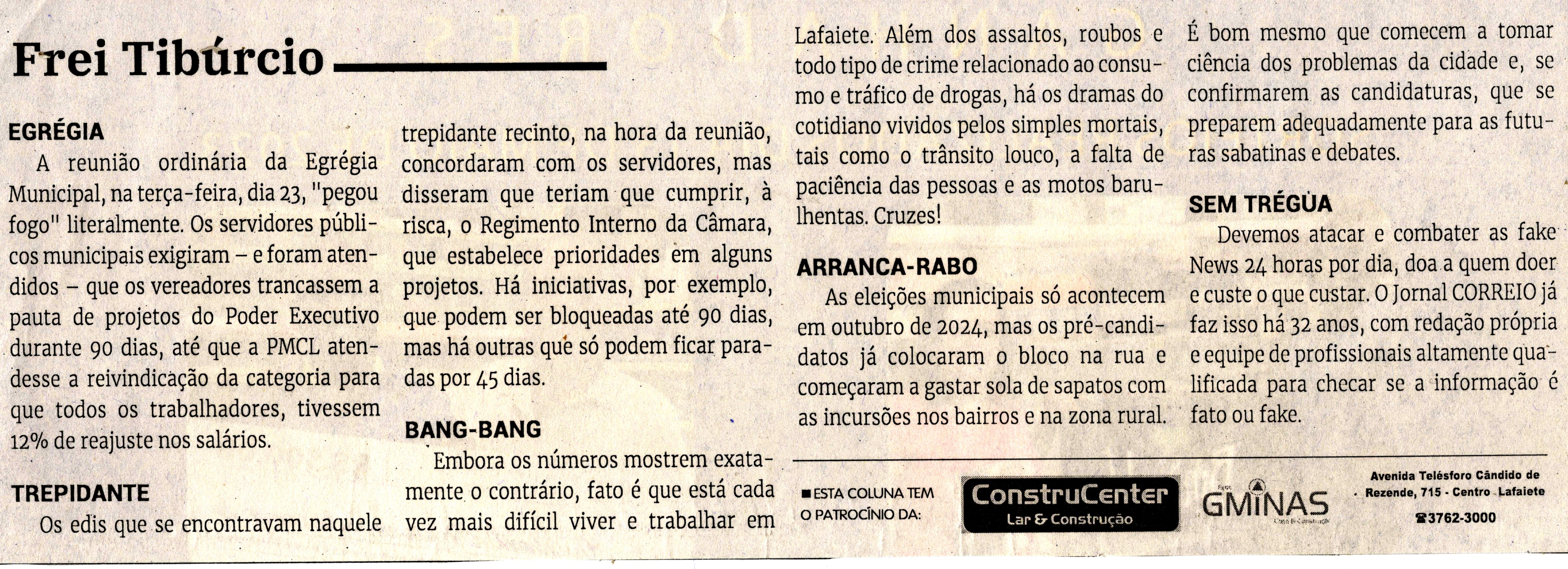 Frei Tibúrcio - Egrégia - Trepidante. Jornal Correio da Cidade, Conselheiro Lafaiete de 27 de mai. a 02 de jun. de 2023, 1681ª ed. Caderno Opinião, p. 6.