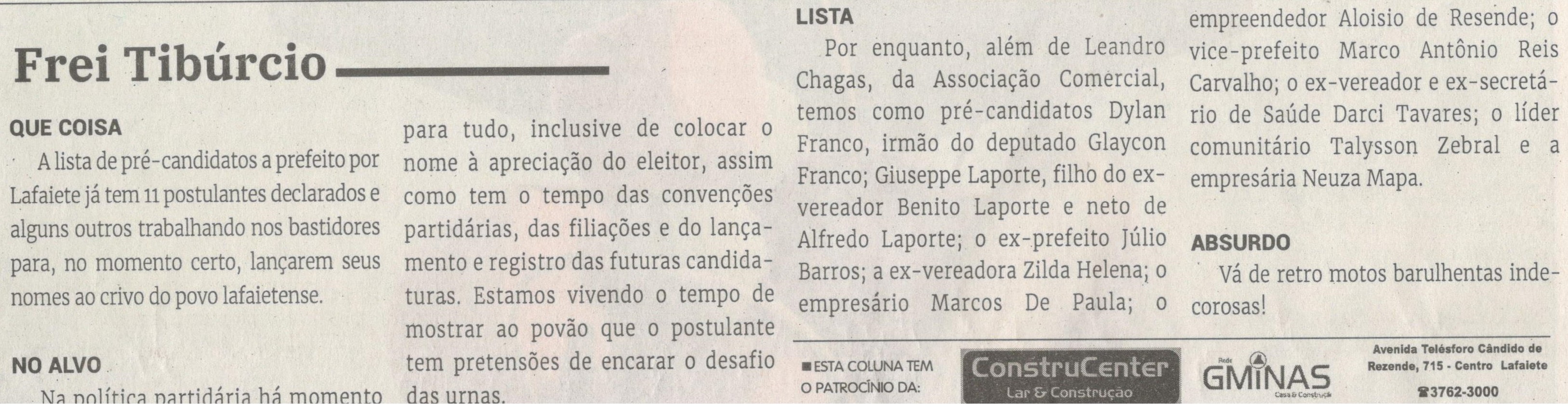 Frei Tibúrcio. Jornal correio da cidade, Conselheiro Lafaiete de 02 a 08 de dez. de 2023, 1708ª ed., Opinião, p. 06.