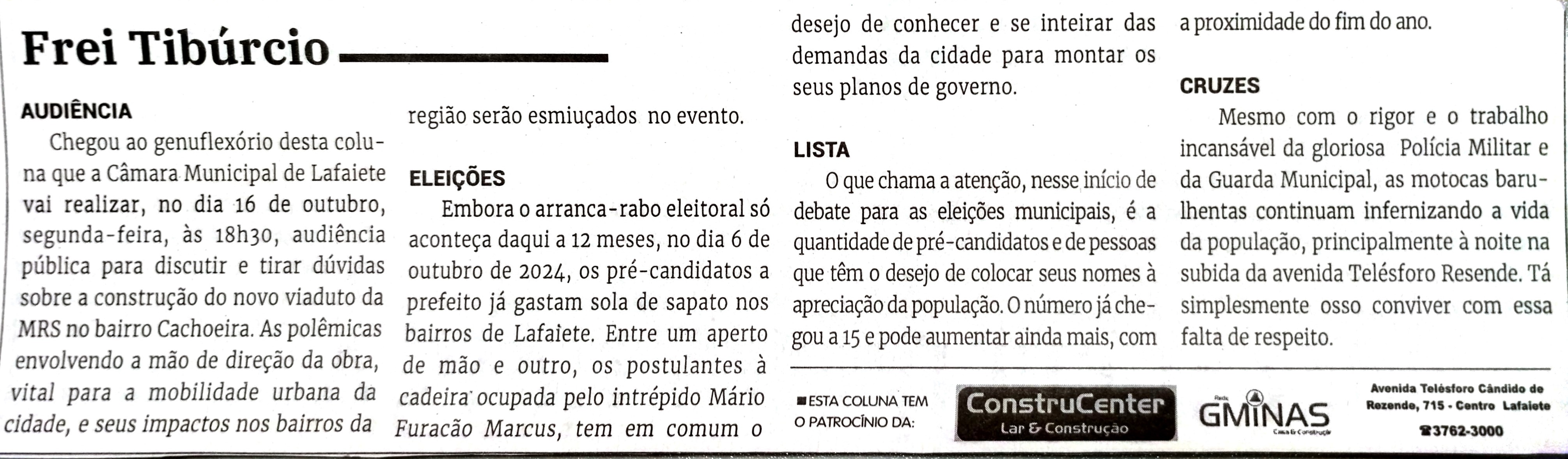 Frei Tibúrcio. Jornal Correio da Cidade, Conselheiro Lafaiete de 07 a 13 de out. de 2023, 1700ª ed., Opinião, p. 06.