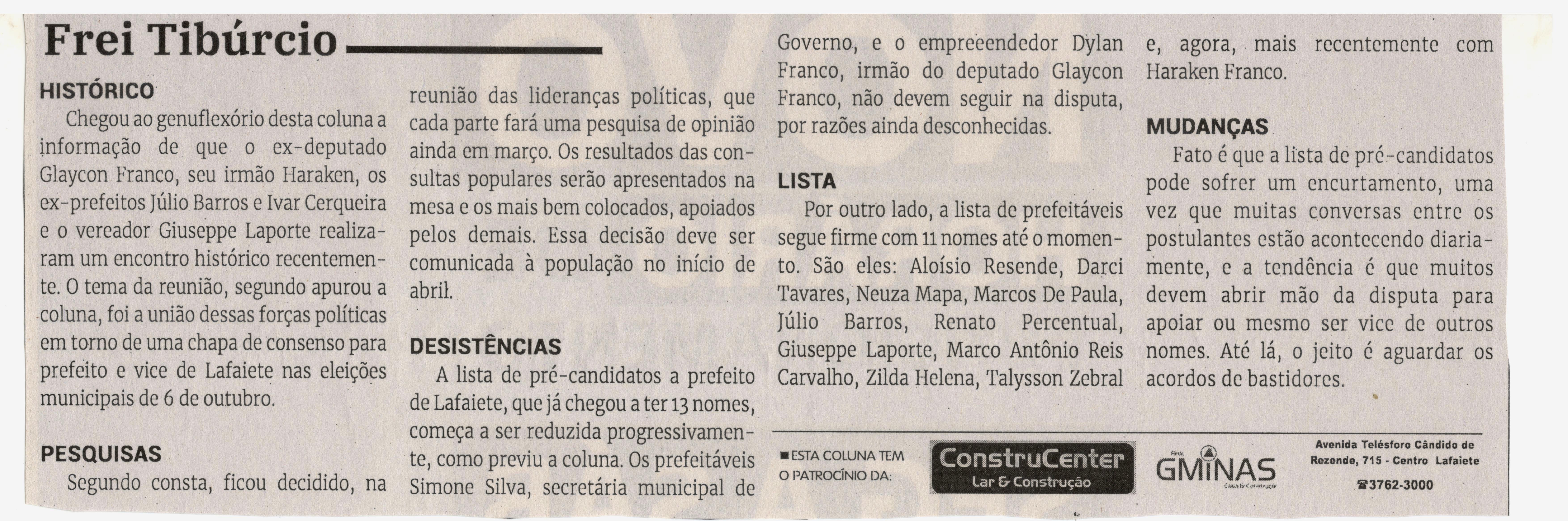 Frei Tibúrcio. Jornal Correio da Cidade, Conselheiro Lafaiete de 16 a 22 de mar. de 2024, 1722ª ed., Política, p. 04.