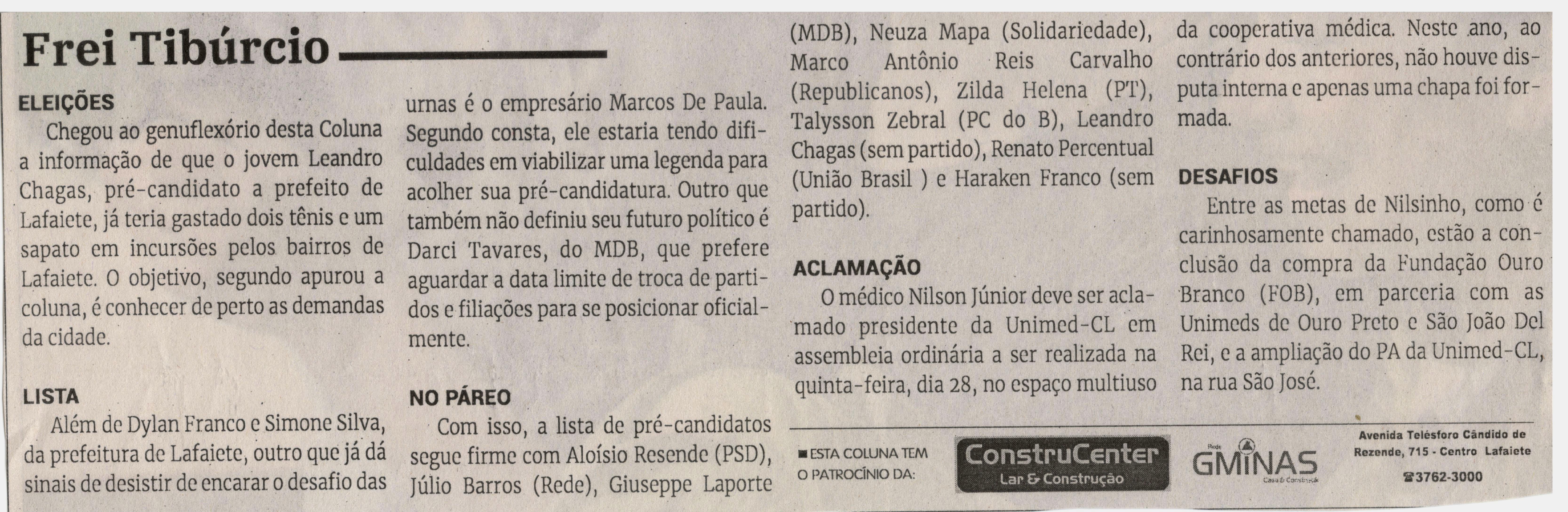 Frei Tibúrcio. Jornal Correio da Cidade, Conselheiro Lafaiete de 23 a 29 de mar. de 2024, 1723ª ed., Opinião, p. 06.