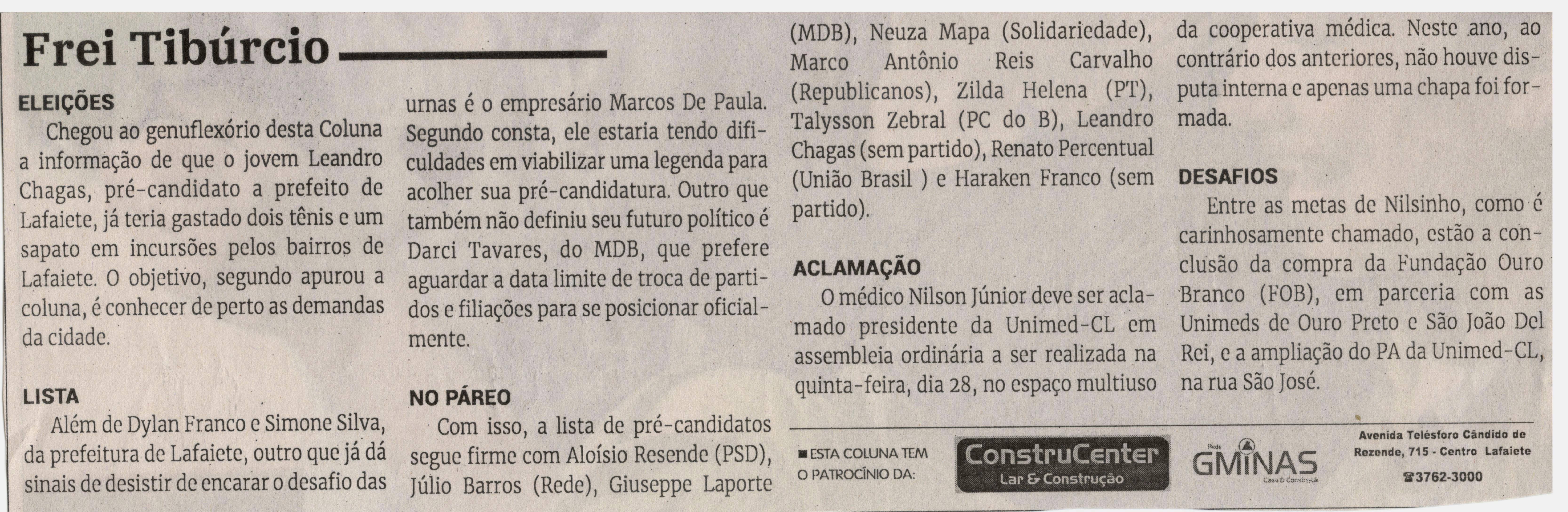 Frei Tibúrcio. Jornal Correio da Cidade, Conselheiro Lafaiete de 23 a 29 de mar. de 2024, 1723ª ed., Opinião, p. 06.