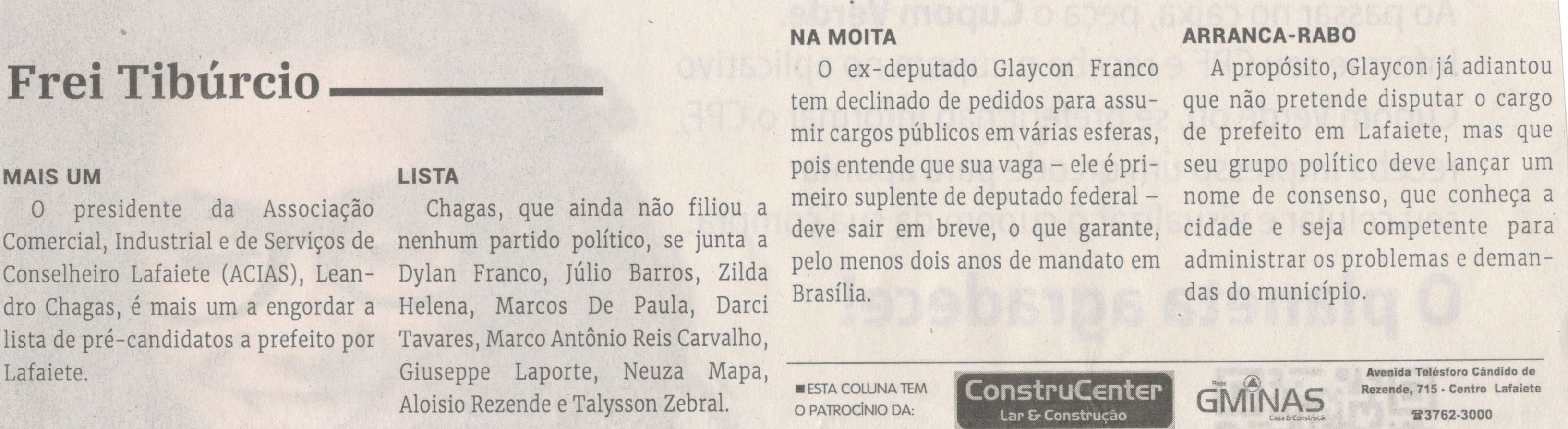 Frei Tibúrcio. Jornal Correio da Cidade, Conselheiro Lafaiete de 25 a 1º de dez. de 2023, 1707ª ed., Opinião, p. 06.