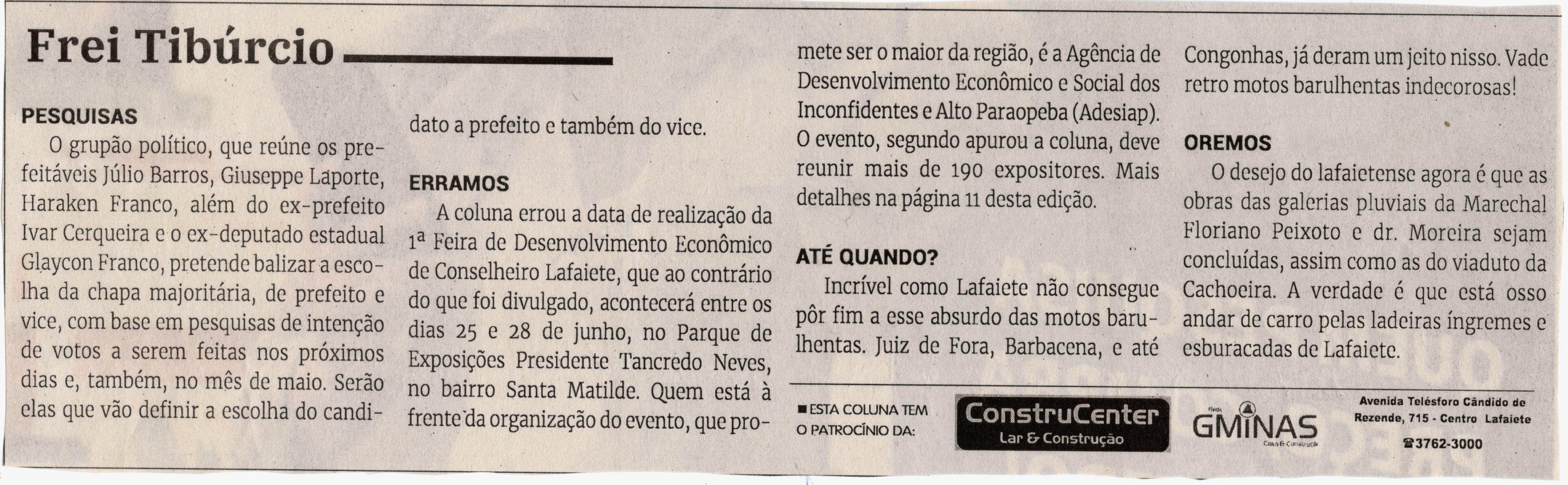 Frei Tibúrcio. Jornal Correio da Cidade, Conselheiro Lafaiete de 27 a 03 de mai. de 2024, 1728ª ed., Opinião, p. 06.