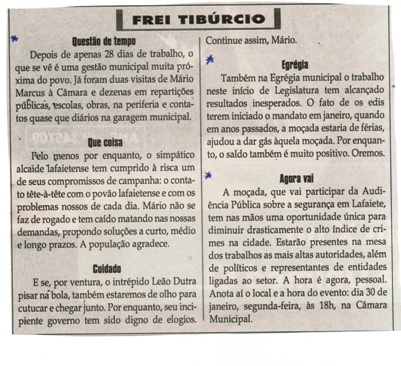 Frei Tibúrcio, Questão de tempo, Egrégia, Agora Vai. Jornal Correio da Cidade, Conselheiro Lafaiete, 28 jan. 2017 a 03 fev. 2017, 1354ª ed. Caderno Opinião, p. 8.