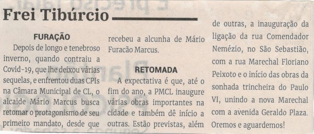 Furação. Jornal Correio, Conselheiro Lafaiete, 04 Setembro 2021, 1592ª ed., Caderno Opinião, Frei Tibúrcio, p. 08.