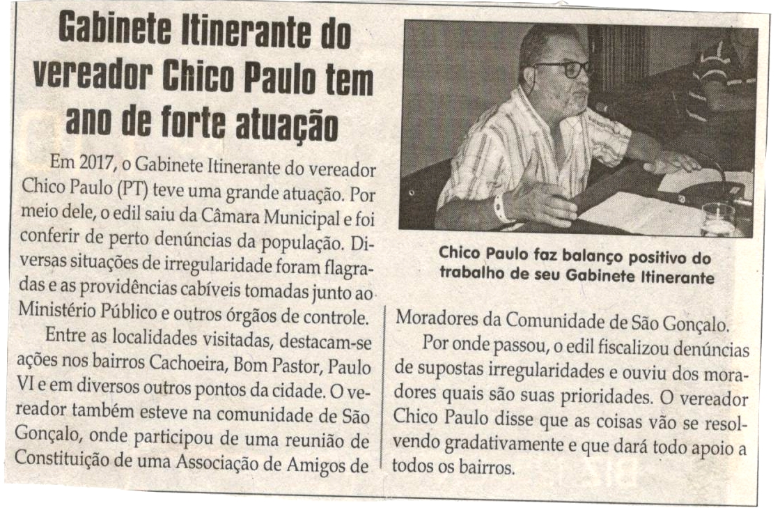 Gabinete itinerante do vereador Chico Paulo tem ano de forte atuação. Jornal Correio da Cidade, Conselheiro Lafaiete, 25 nov. 2017 a 01 dez. 2017, 1397ª ed., Caderno Política, p 04.