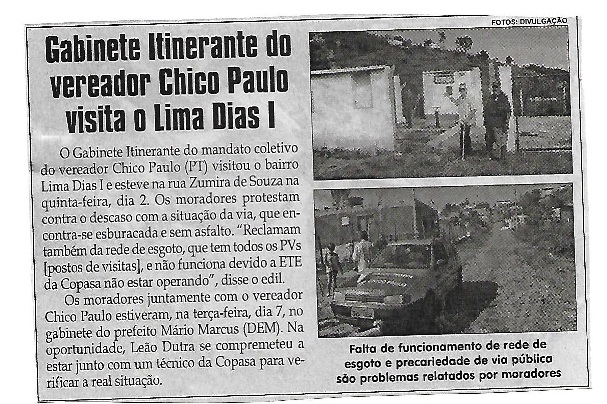 Gabinete Itinerante do vereador Chico Paulo visita Lima Dias I. Jornal Correio da Cidade, Conselheiro Lafaiete, 11 fev. 2017 a 17 fev. 2017, 1356ª ed.,Caderno Política, p. 4.