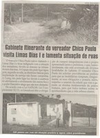 Gabinete Itinerante do vereador Chico Paulo visita Limas Dias I e lamenta situação de ruas. Jornal Correio da Cidade, Conselheiro Lafaiete, 22 abr. 2017 a 28 abr. 2017, 1366ª ed., Caderno Política,p. 6.