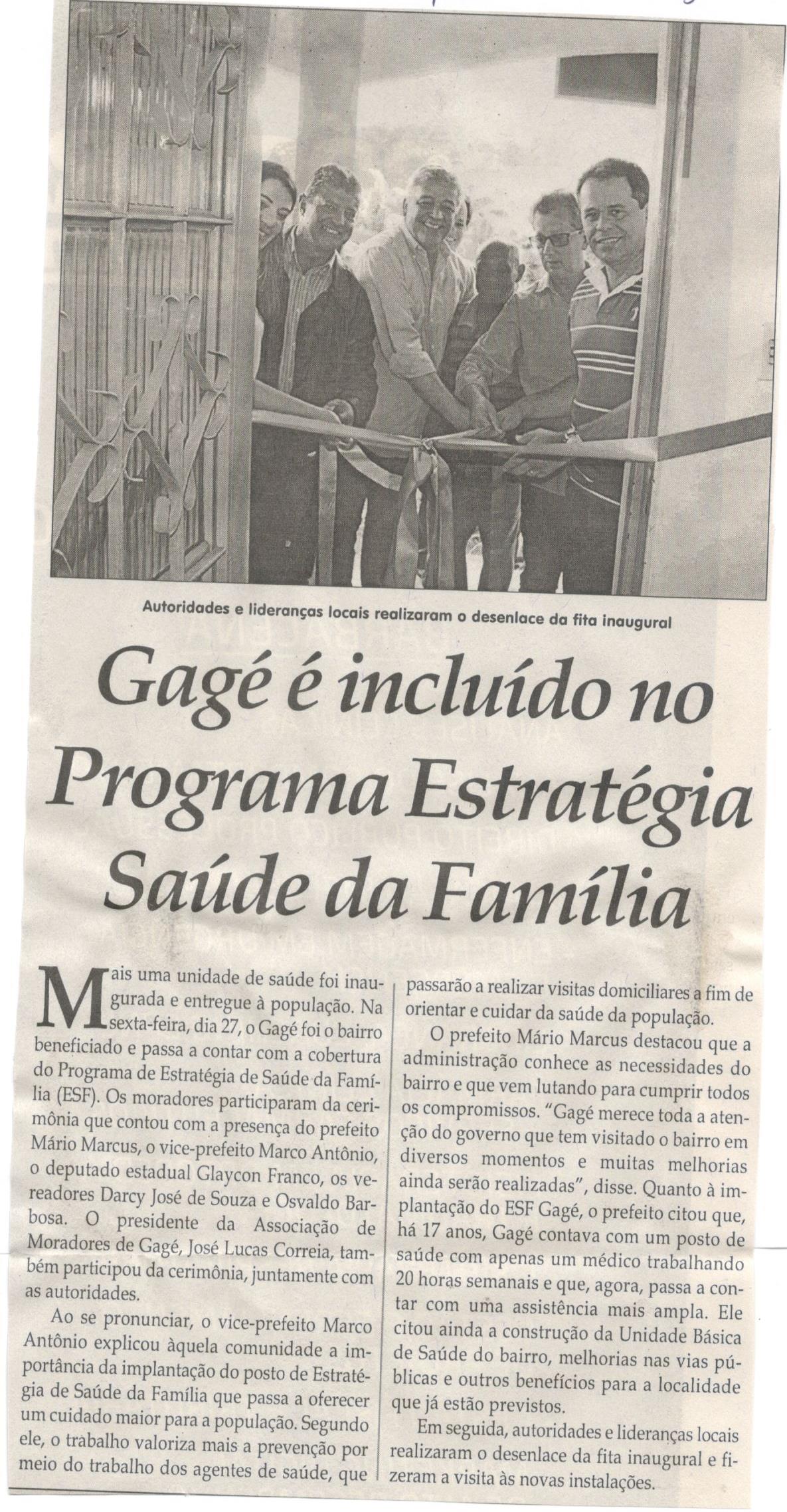 Gagé é incluído no Programa Estratégia Saúde da Família. Jornal Correio da Cidade, Conselheiro Lafaiete ,05 mai. 2018 a 11 mai. 2018, 1420ª ed., Caderno Comunidade, p. 18.