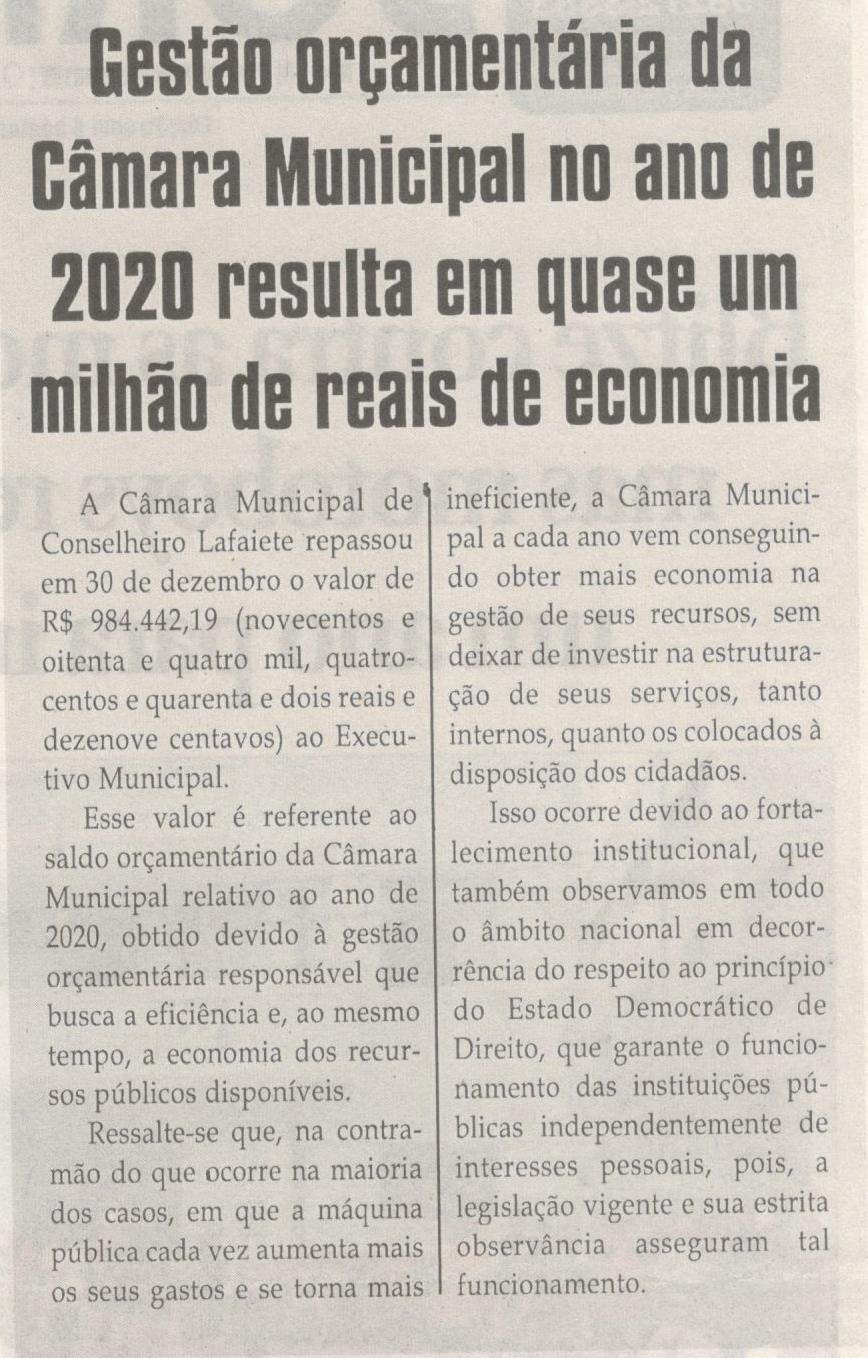 GESTÃO orçamentária da Câmara Municipal no ano de 2020 resulta em quase um milhão de reais de economia.