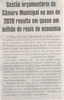GESTÃO orçamentária da Câmara Municipal no ano de 2020 resulta em quase um milhão de reais de economia.