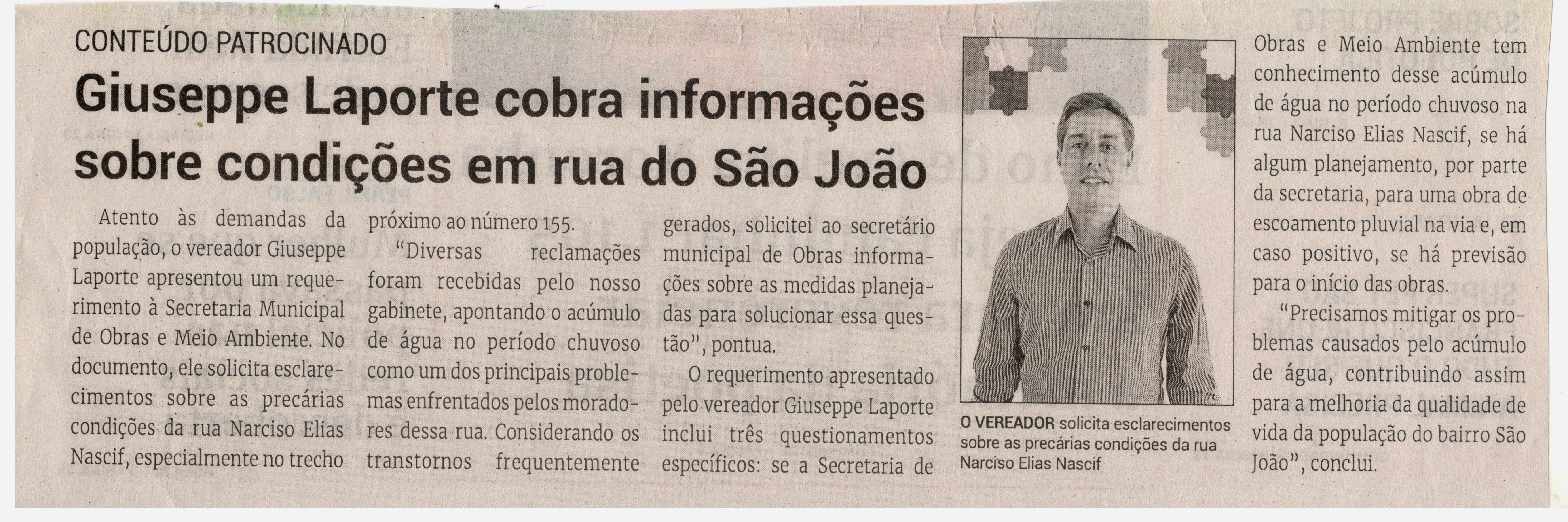 Giuseppe Laporte cobra informação sobre condições em rua do São João. Jornal Correio da Cidade, Conselheiro Lafaiete de 09 a 15 de mar. de 2024, 1721ª ed., Política, p. 02.