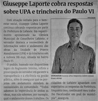 Giuseppe Laporte cobra respostas sobre UPA e trincheira do Paulo VI. Jornal Correio da Cidade, Conselheiro Lafaiete de 16 a 22 de set. de 2023, 1697ª ed., Política, p. 04.