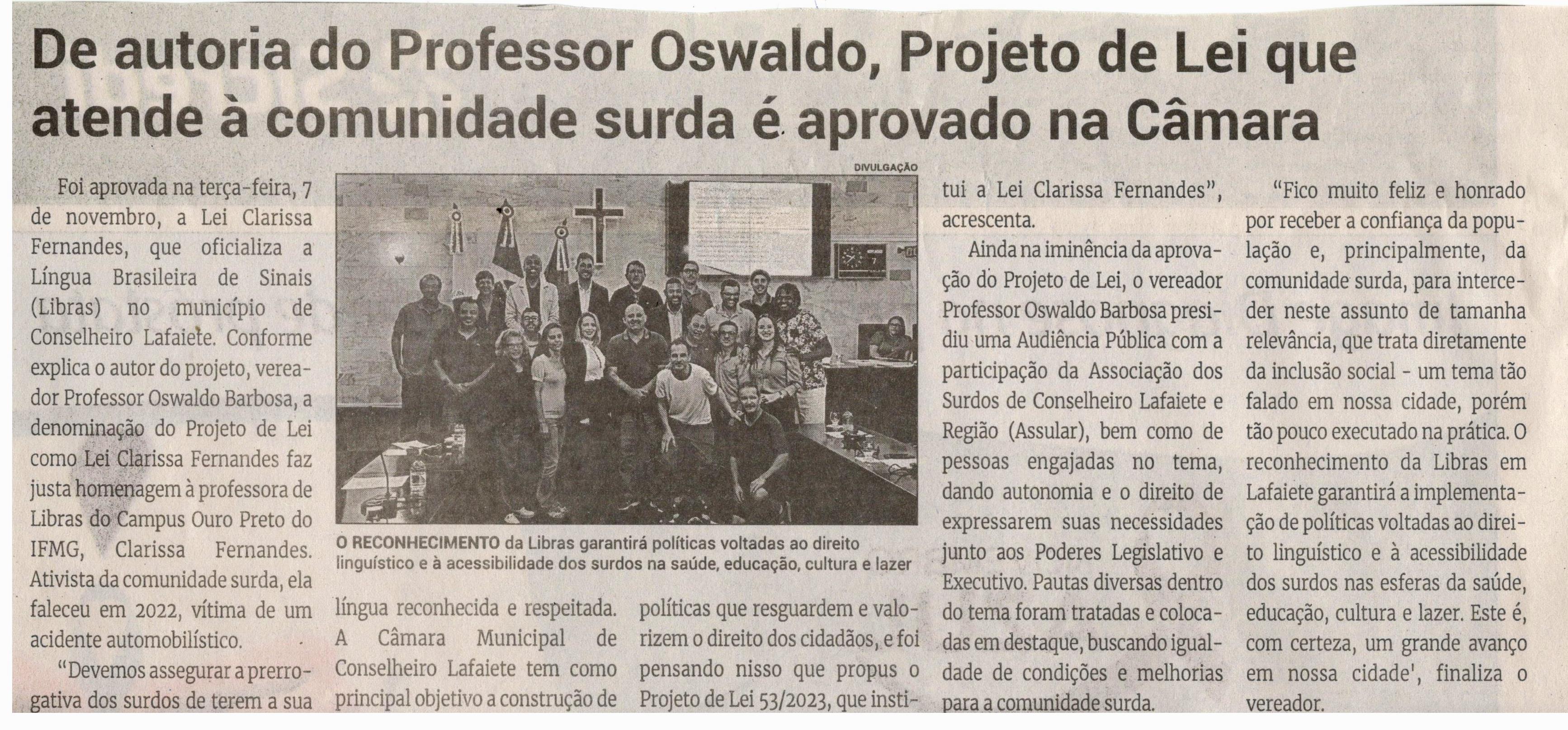 Giuseppe Laporte destina R$ 193 mil em verbas do orçamento impositivo. Jornal Correio da Cidade, Conselheiro Lafaiete de 11 a 17 de nov. de 2023, 1705ª ed., Política, p. 04.