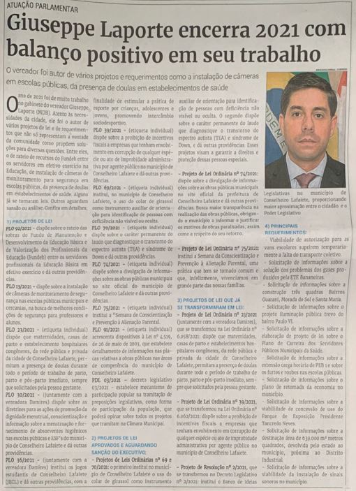 Giuseppe Laporte encerra 2021 com balanço positivo em seu trabalho. Jornal Correio da Cidade, Conselheiro Lafaiete, 25 de dez. de 2021, 1608ª ed., Caderno Política, p. 3.