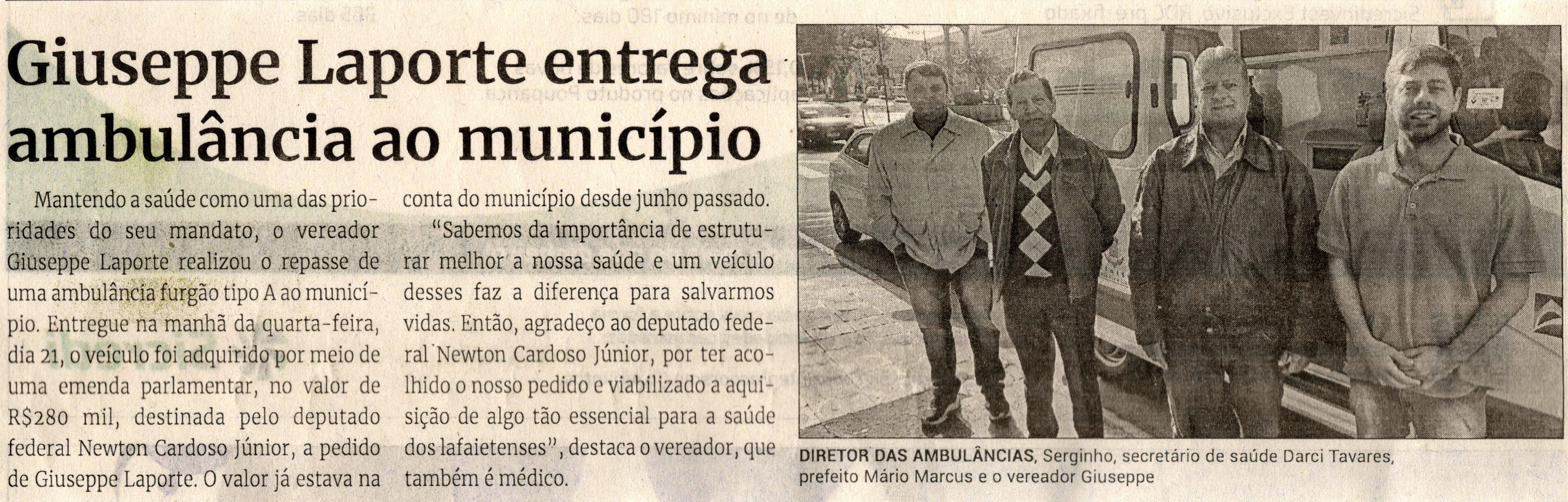 Giuseppe Laporte entrega ambulância ao município. Jornal Correio da Cidade, Conselheiro Lafaiete de 1º  a 7 de jul. de 2023, 1686ª ed., Caderno Política, p. 4.