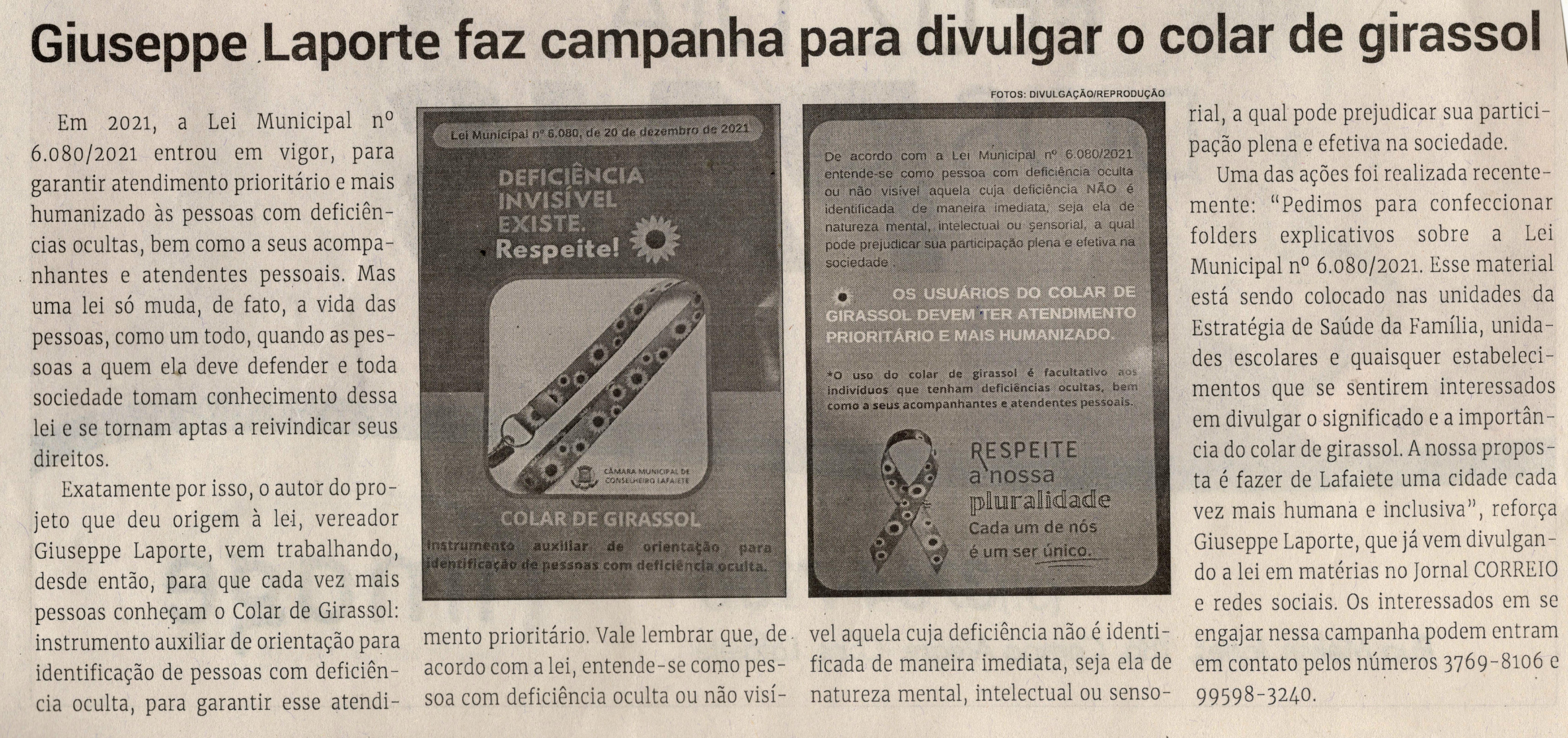 Giuseppe Laporte faz campanha para divulgar o colar de girassol. Jornal Correio da Cidade, Conselheiro Lafaiete de 05 a 11 de ago. de 2023, 1691ª ed., Política, p. 4.