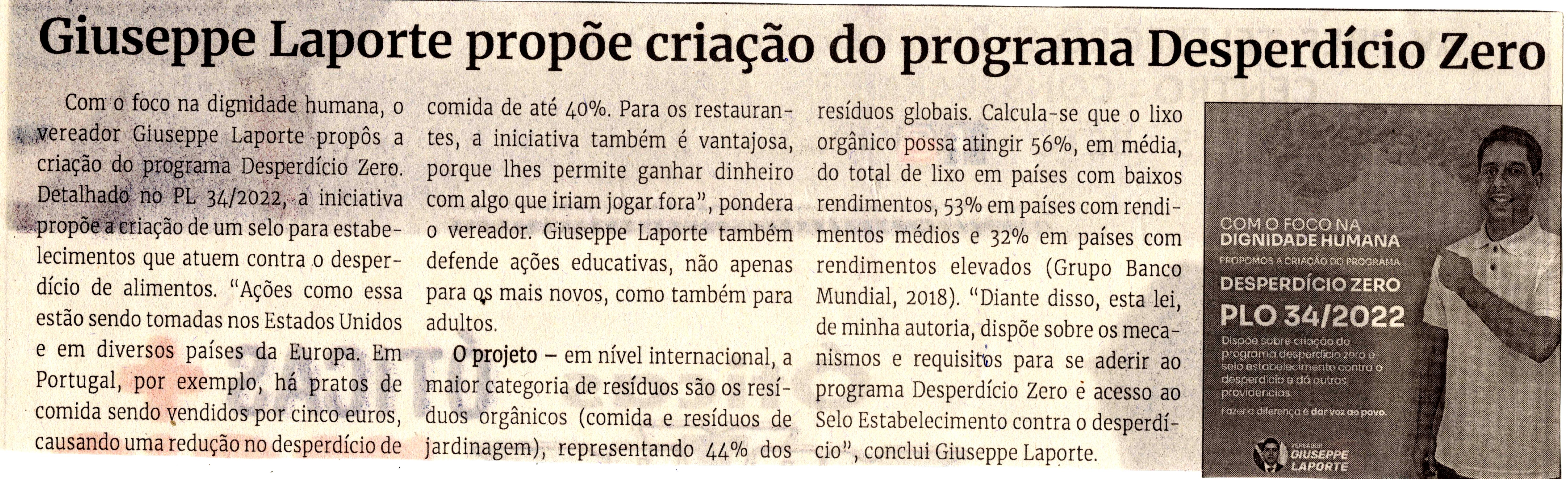 Giuseppe Laporte propõe criação do programa Desperdício Zero. Jornal Correio da Cidade, Conselheiro Lafaiete de 29 de abr. a 05 de mai. de 2023, 1677ª ed. Caderno Política, p. 4.