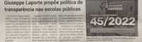 Giuseppe Laporte propõe política de transparência nas escolas públicas. Jornal Correio da Cidade, Conselheiro Lafaiete, 16 de jul. de 2022, 1637ª ed., Caderno Política, p. 4.