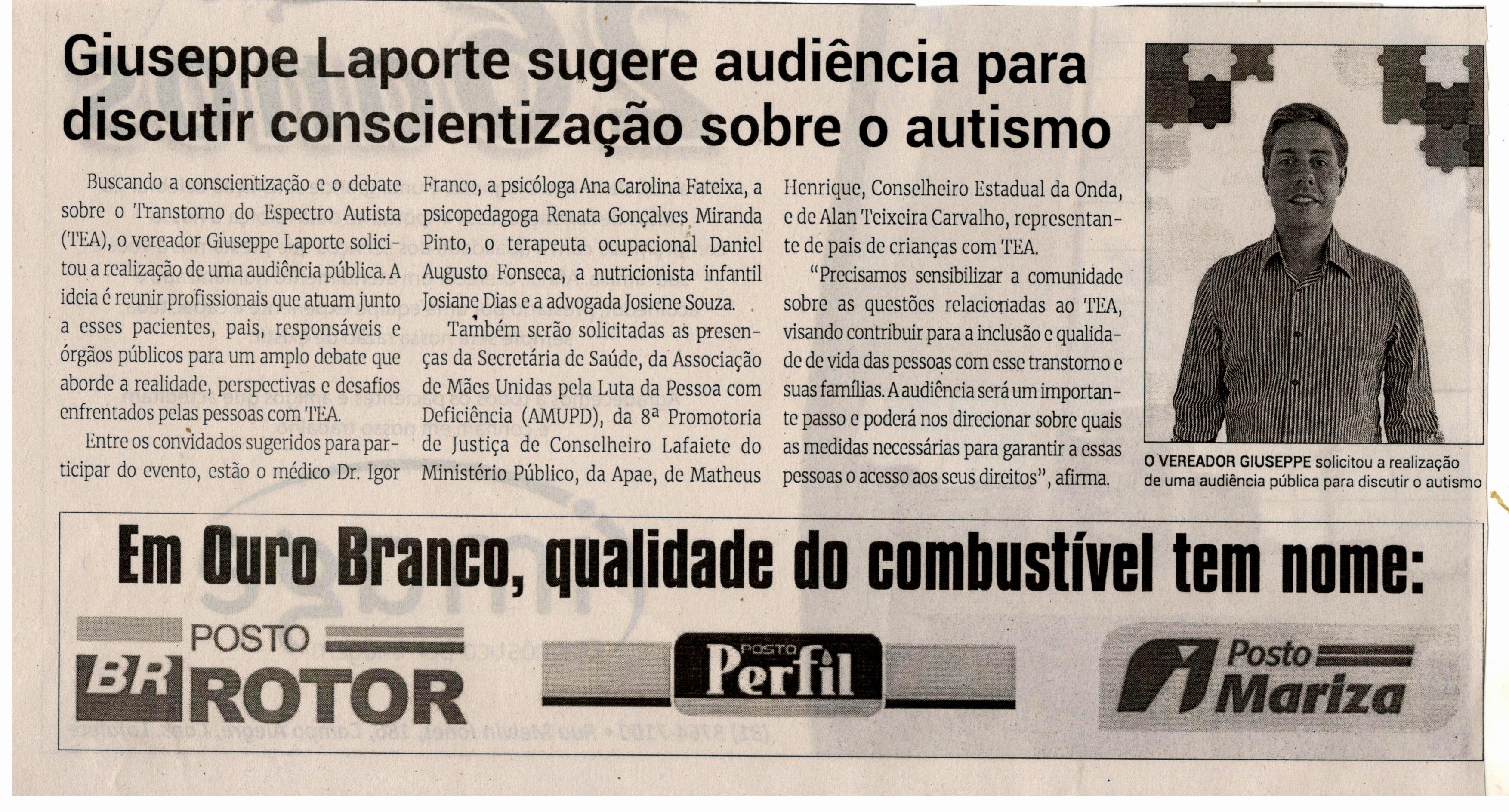 Giuseppe Laporte sugere audiência para discutir conscientização sobre o autismo. Jornal Correio da Cidade, Conselheiro Lafaiete de 02 a 08 de mar. de 2024, 1719ª ed., Política, p. 04.