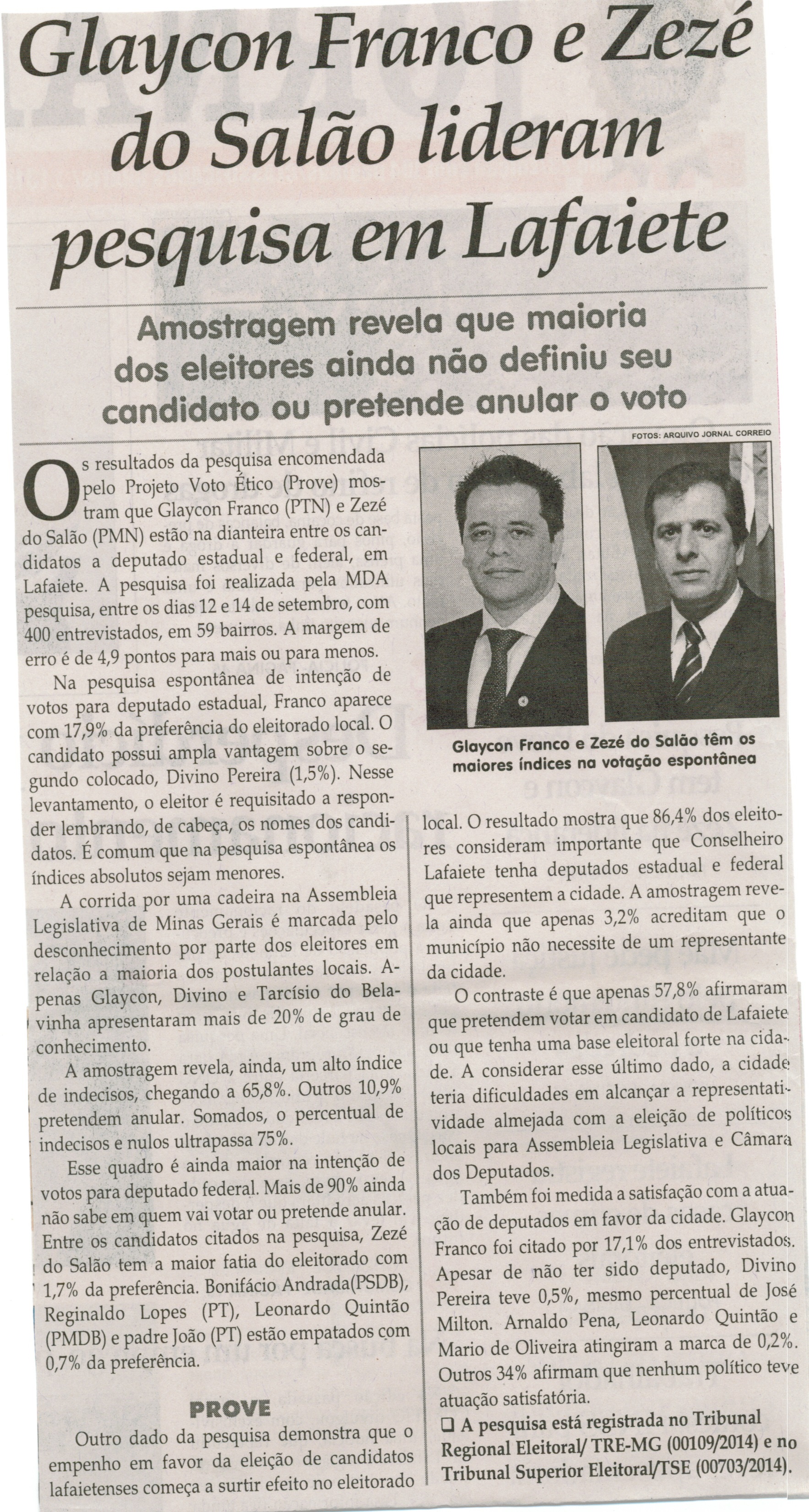 Glaycon Franco e Zezé do Salão lideram pesquisa em Lafaiete: amostragem revela que maioria dos eleitores ainda não definiu seu candidato ou pretende anular o voto. Jornal Correio da Cidade, Conselheiro Lafaiete,  03 out. 2014, p. 2.