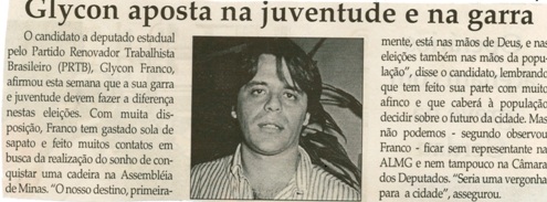 Glycon aposta na juventude e na garra. Jornal Correio da Cidade, Conselheiro Lafaiete, 19 ago. 2006, 817ª ed., p. 02.