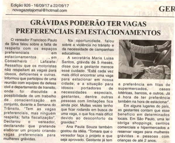 Grávidas poderão ter vagas preferenciais em estacionamentos. Jornal Nova Gazeta, Conselheiro Lafaiete, 16 set. 2017 a 22 set. 2017, 926ª ed., Ano XXI, Caderno Gerais, p 9.