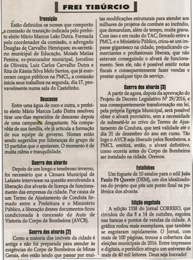 Guerra dos Alvarás; Guerra dos alvarás 3. Jornal Correio da Cidade, Conselheiro Lafaiete, 15 a 21 out. 2016, 1339ª ed., Caderno Opinião, Frei Tibúrcio, p. 8.