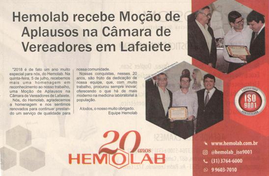 Hemolab recebe Moção de Aplausos na Câmara de Vereadores em Lafaiete. Jornal Correio da Cidade, 21 jul. 2018 a 27 jul. 2018. 1431ª ed., Caderno Comunidade, p. 16.