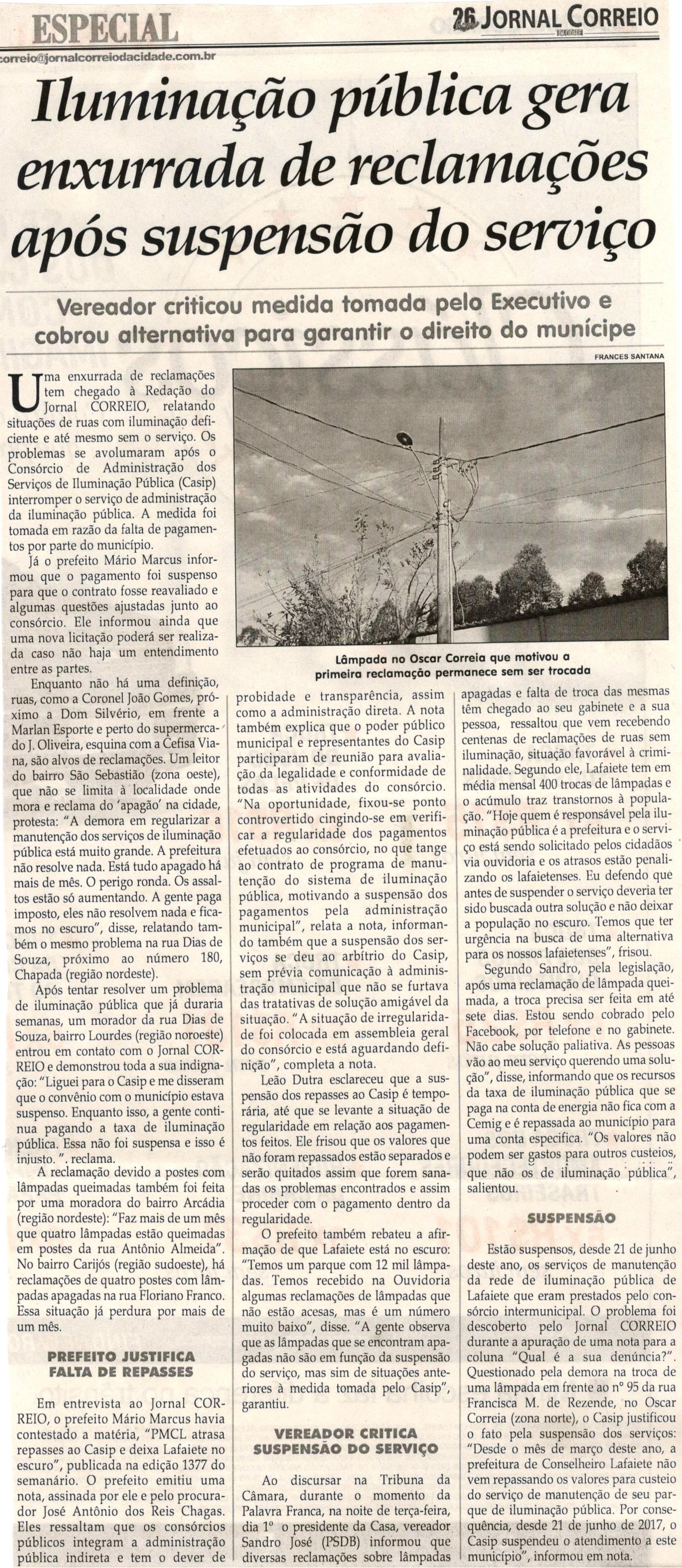 Iluminação pública gera enxurrada de reclamações após suspensão do serviço. Jornal Correio da Cidade, Conselheiro Lafaiete, 05 ago. 2017 a 11 ago. 2017, 1381ª ed., Caderno Especial, p 6.