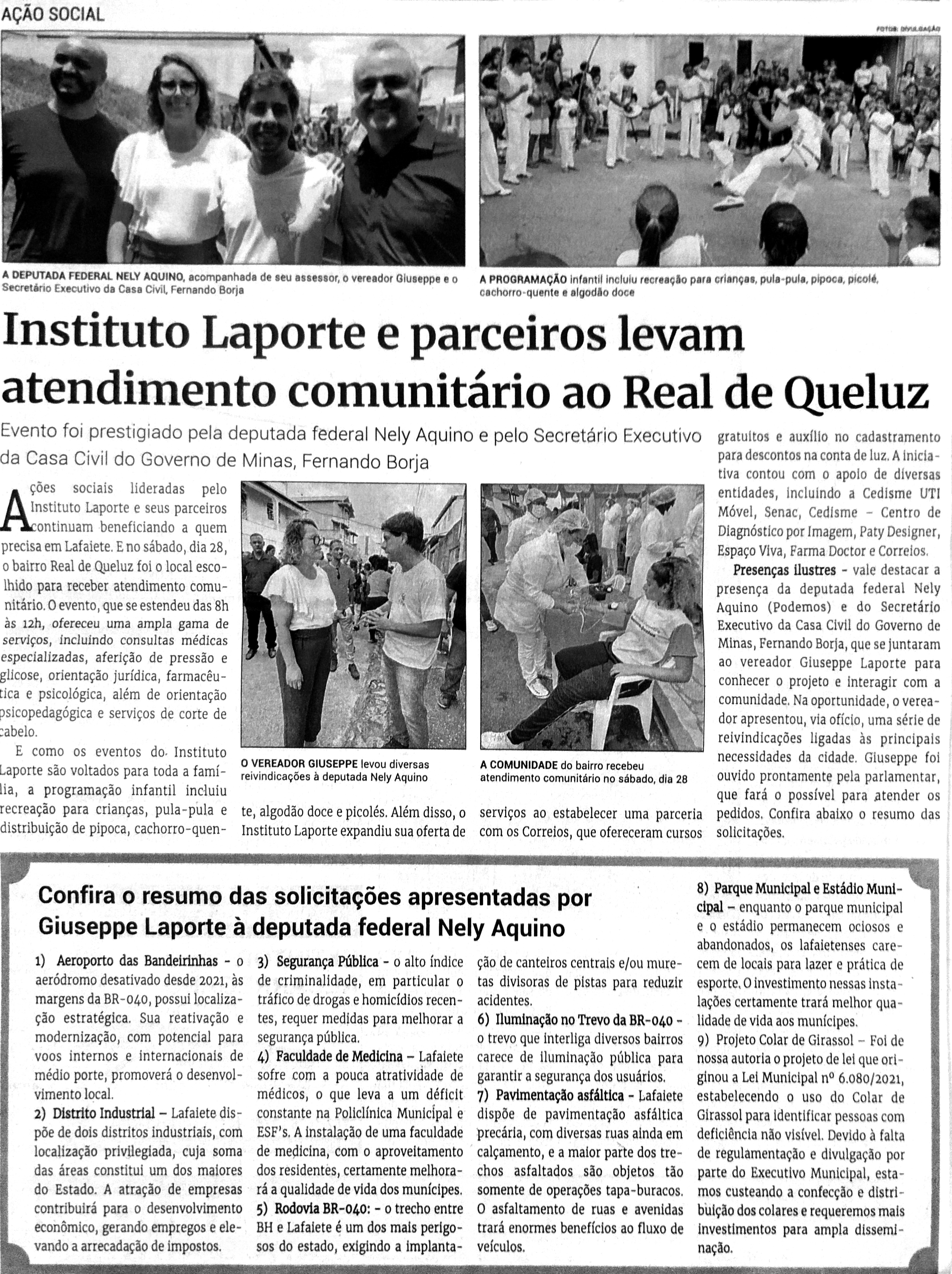 Instituto Laporte e parceiros levam atendimento comunitário ao Real de Queluz. Jornal Correio da Cidade, Conselheiro Lafaiete de 04 a 11 de nov. de 2023, 1704ª ed., Comunidade, p. 10.