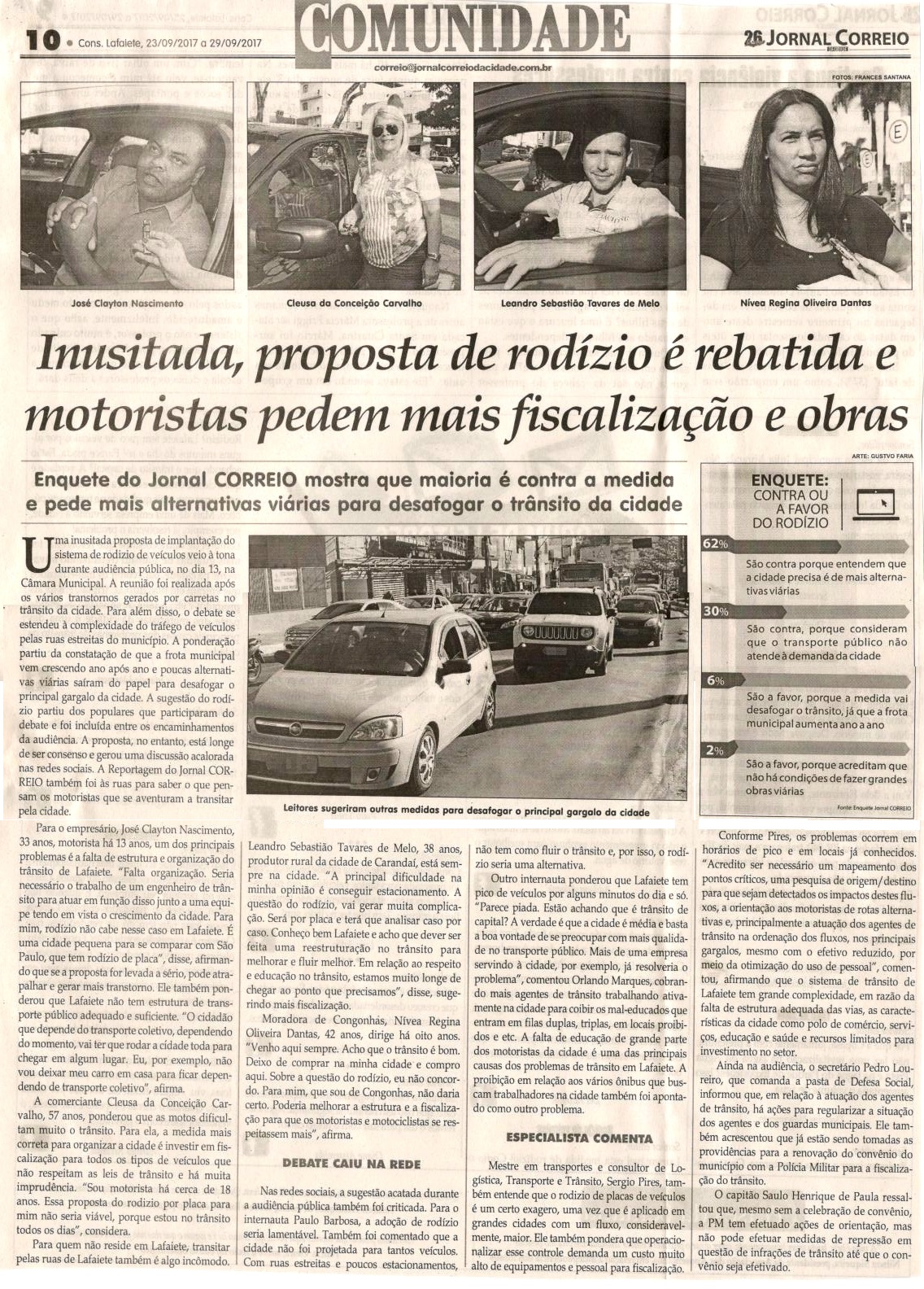 Inusitada, proposta de rodízio é rebatida e motoristas pedem mais fiscalização e obras. Jornal Correio da Cidade, Conselheiro Lafaiete, 23 set. 2017 a 29 set. 2017, 1388ª ed., Caderno Comunidade, p 10.